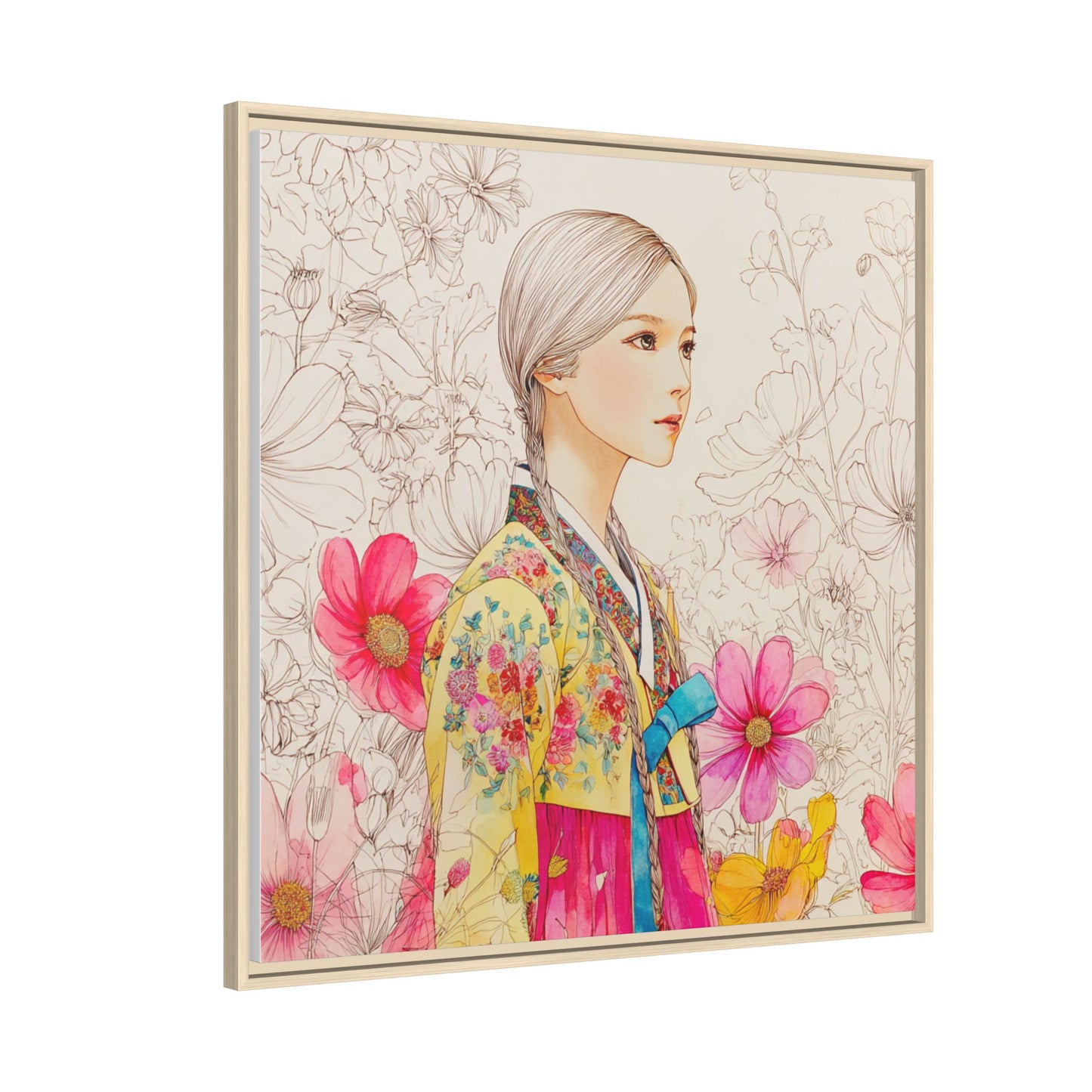 Framed Matte Canvas: Korean Hanbok Girl Floral Portrait