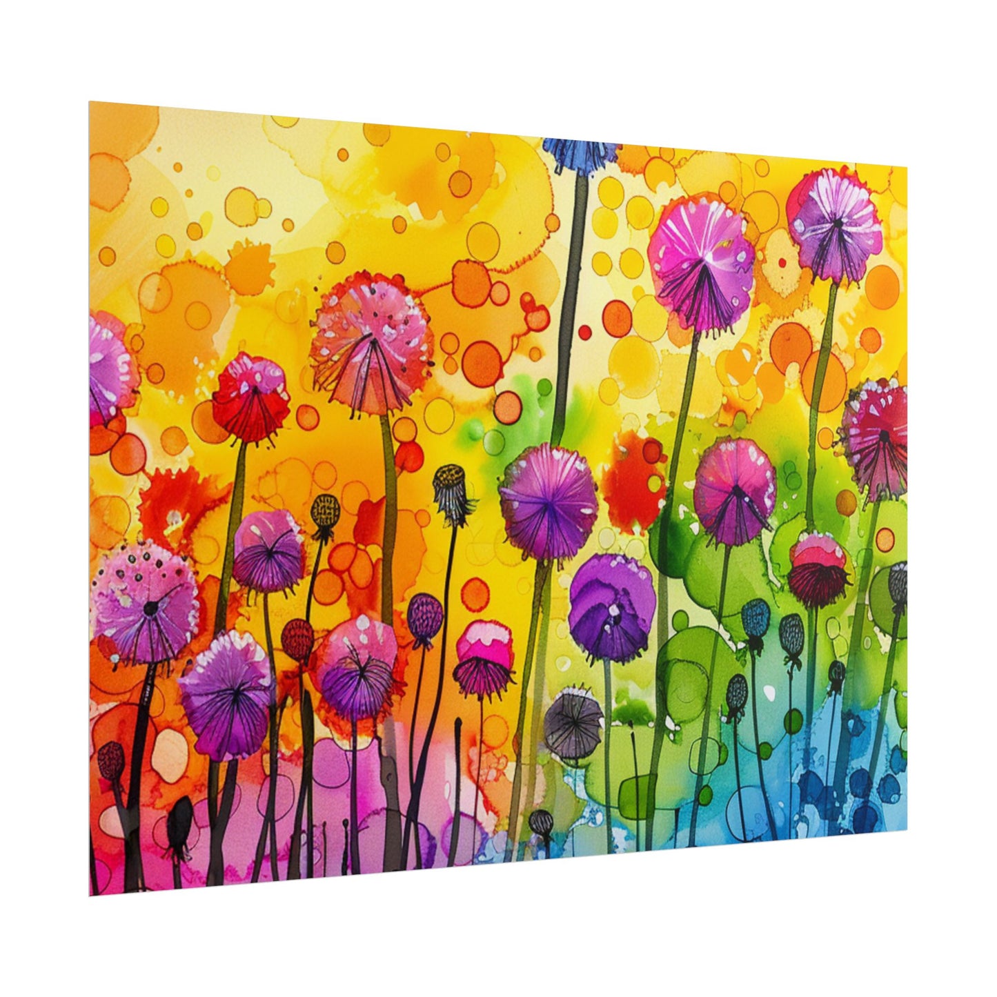 Colorful Floral Watercolor Poster — Rainbow Dandelion Garden Rolled Print