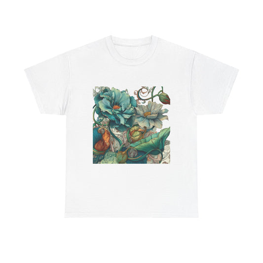 Floral Vintage Botanical Tee — Teal Peony Garden Graphic Shirt