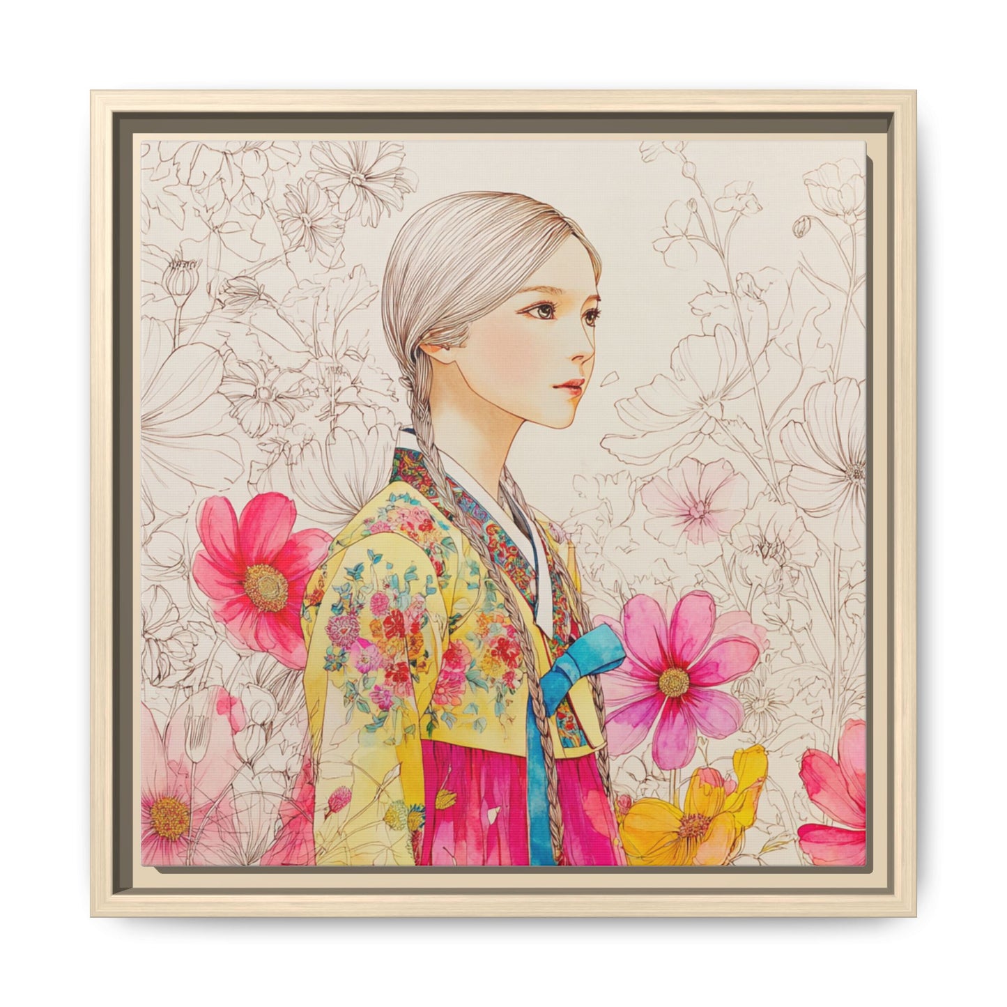 Framed Matte Canvas: Korean Hanbok Girl Floral Portrait