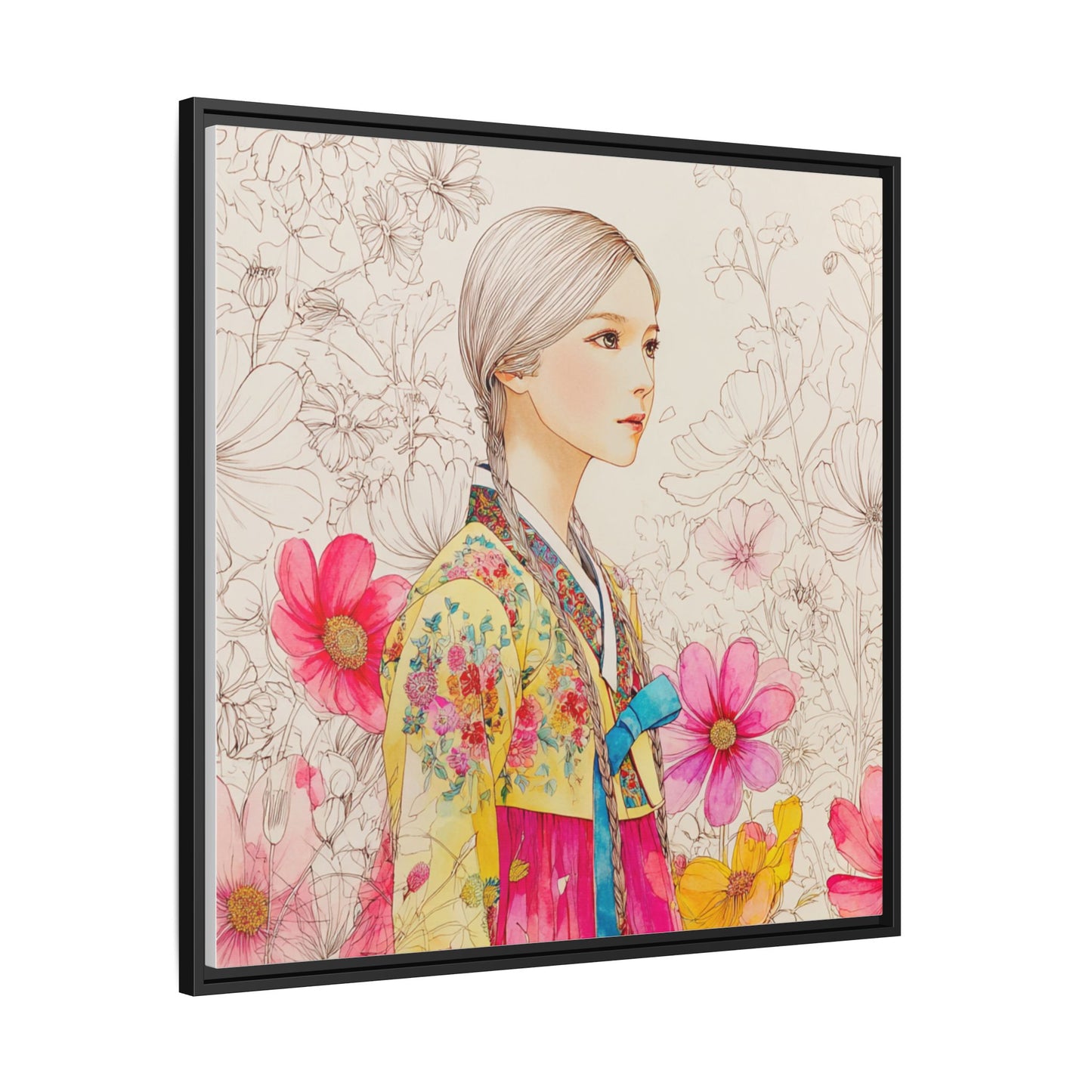 Framed Matte Canvas: Korean Hanbok Girl Floral Portrait
