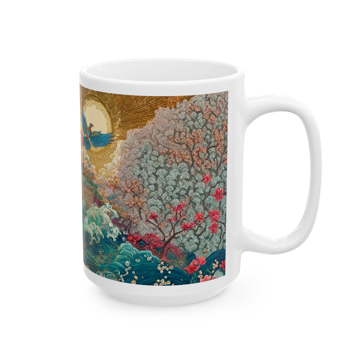 Japanese Garden Wave Ceramic Mug — Floral Pagoda Moonlight Design (11oz & 15oz)