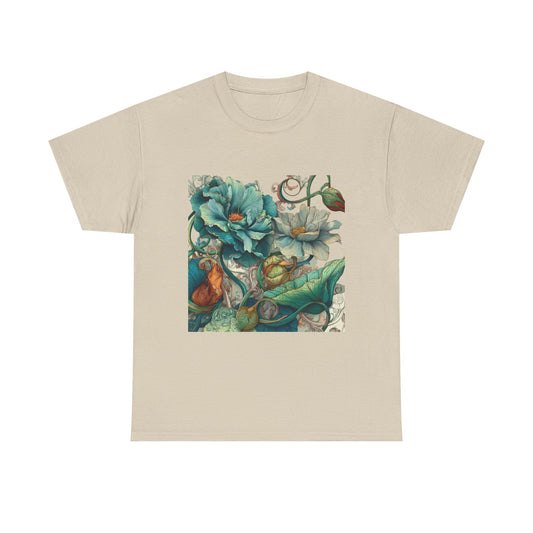 Floral Vintage Botanical Tee — Teal Peony Garden Graphic Shirt