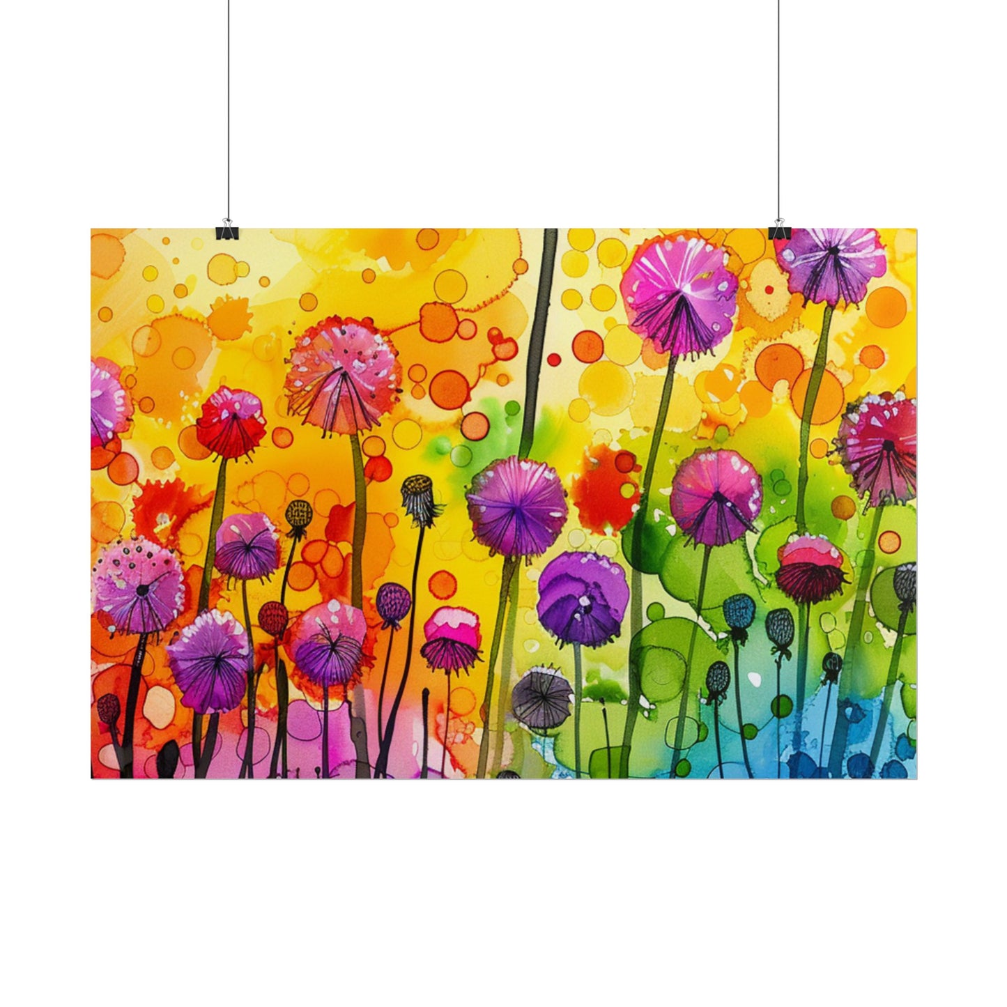Colorful Floral Watercolor Poster — Rainbow Dandelion Garden Rolled Print