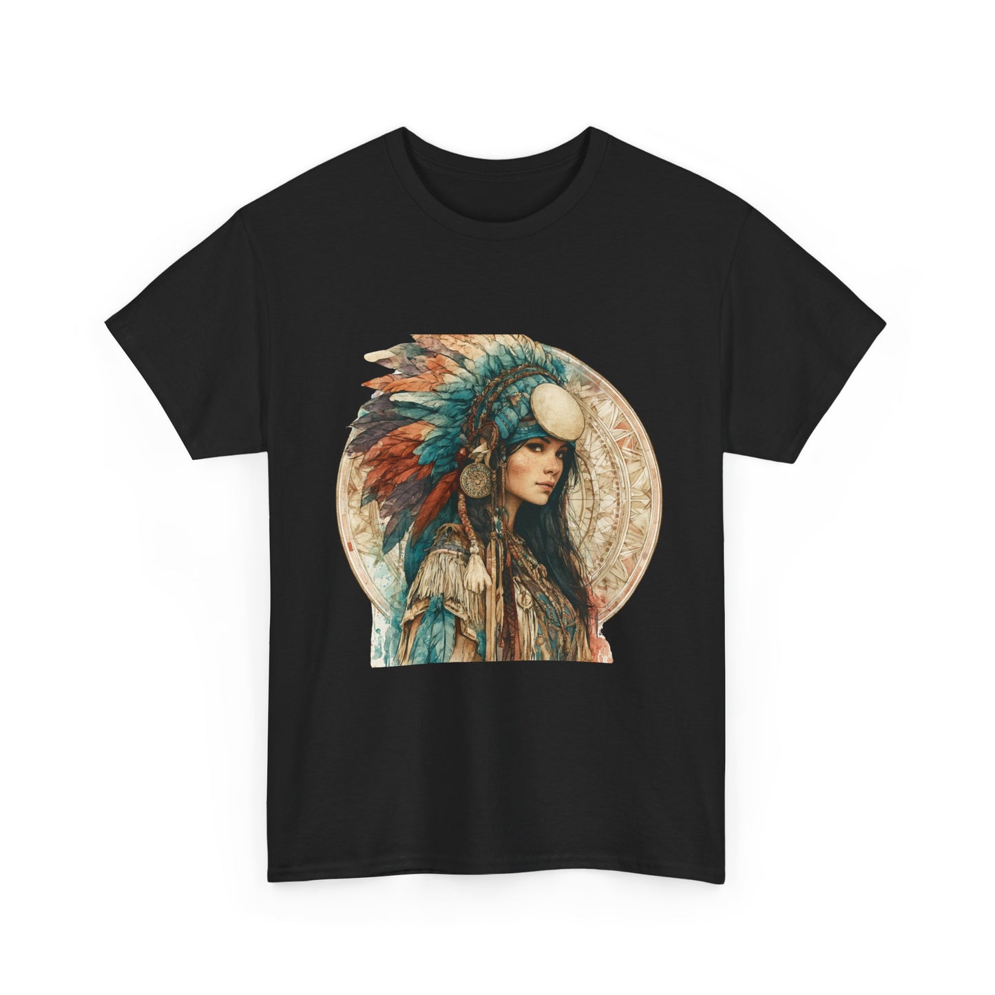 Native Headdress Portrait T‑Shirt — Boho Feather Art Tee