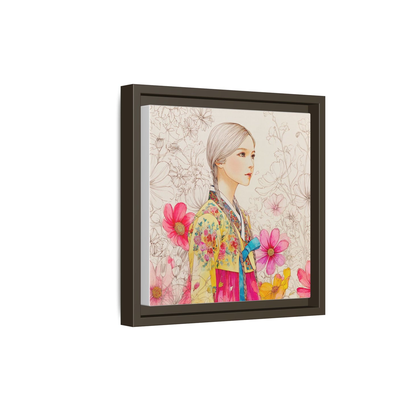 Framed Matte Canvas: Korean Hanbok Girl Floral Portrait