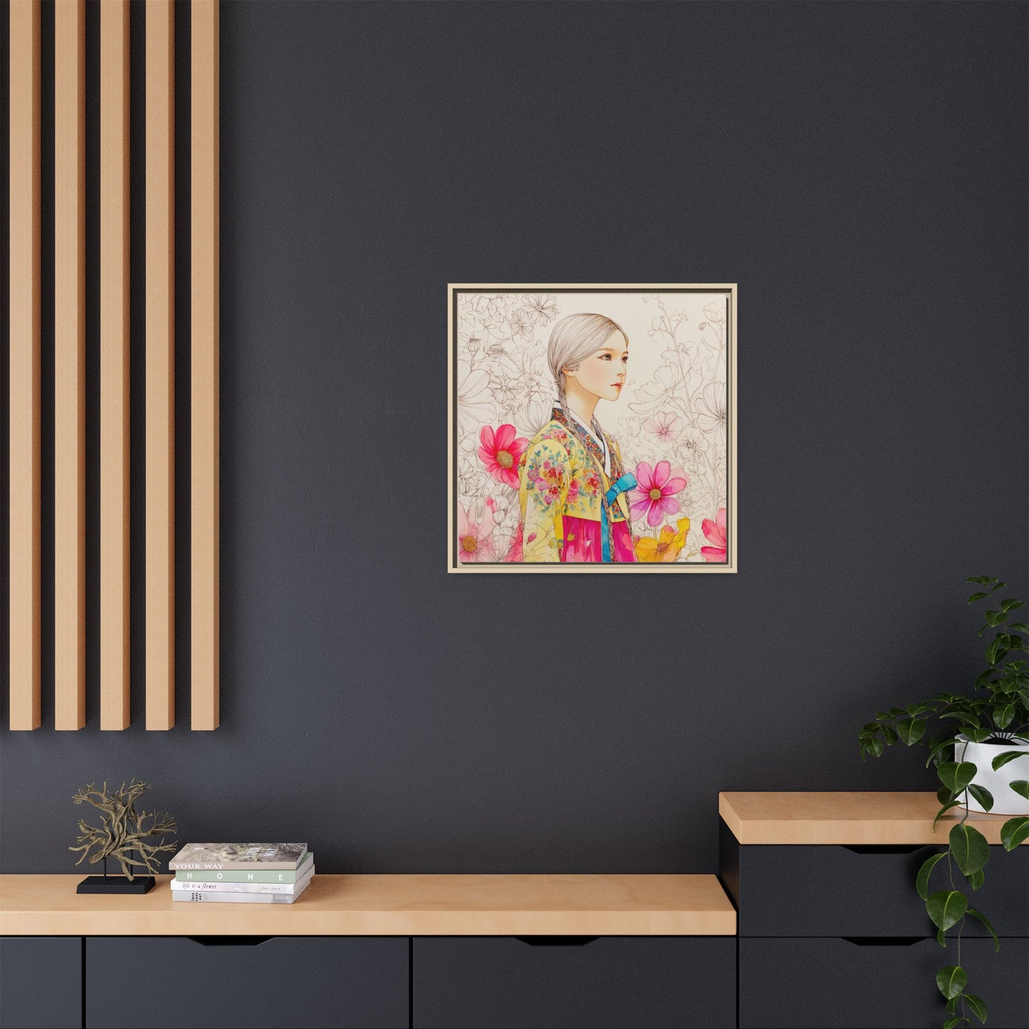 Framed Matte Canvas: Korean Hanbok Girl Floral Portrait