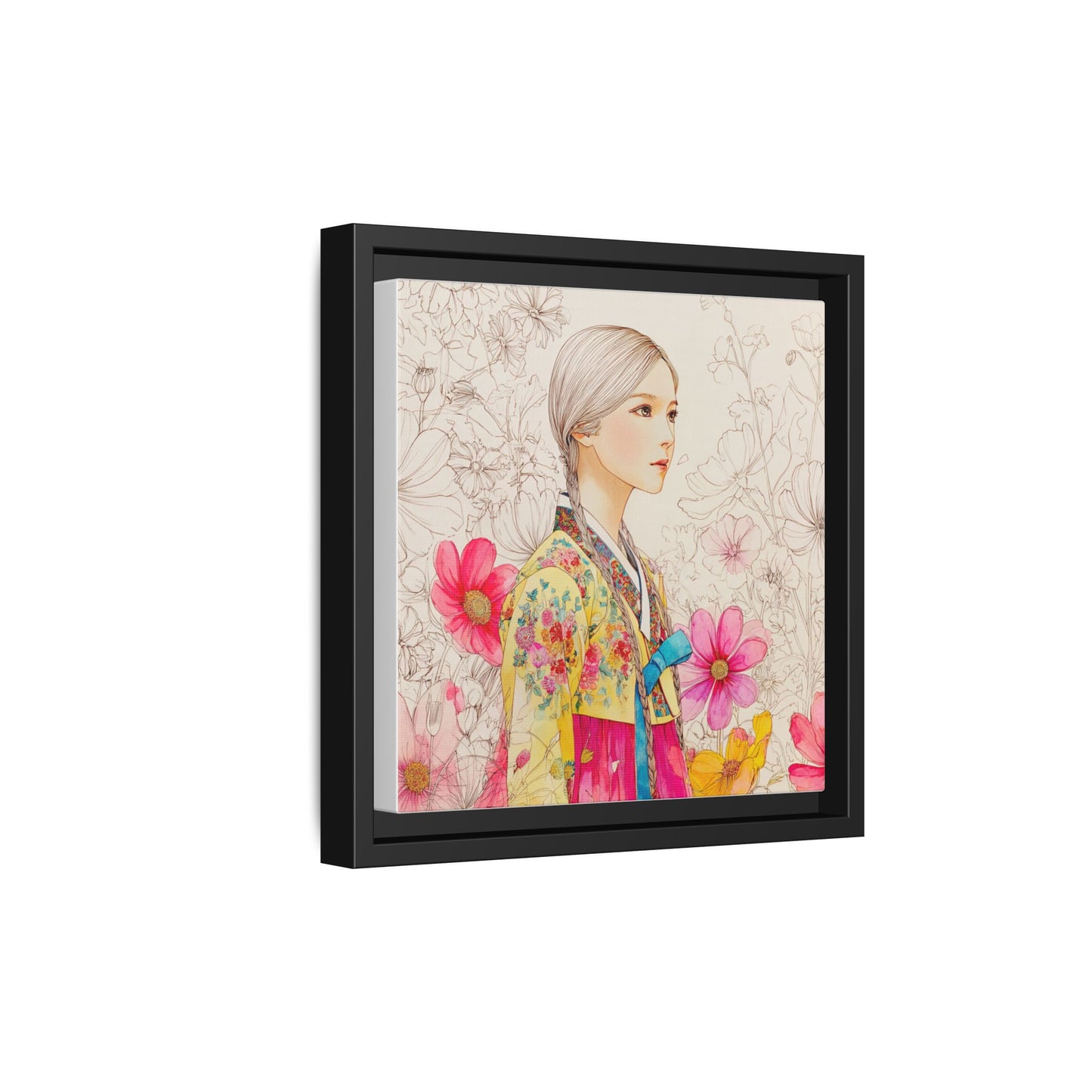 Framed Matte Canvas: Korean Hanbok Girl Floral Portrait