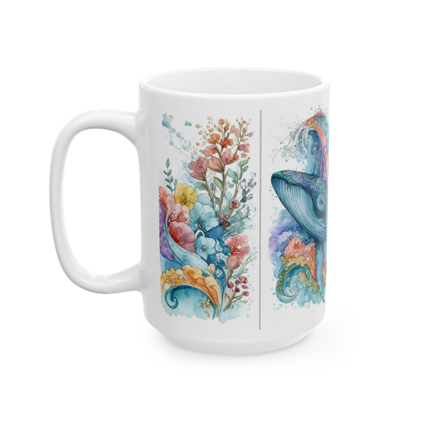 Whale & Ship Watercolor Ceramic Mug — Nautical Ocean Art Coffee Cup (11oz/15oz)