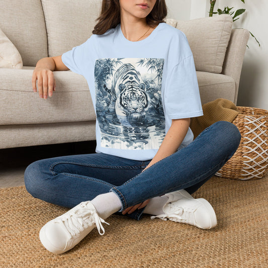 White T‑Shirt with Blue Watercolor Tiger Print — Gentle Jungle Graphic Tee