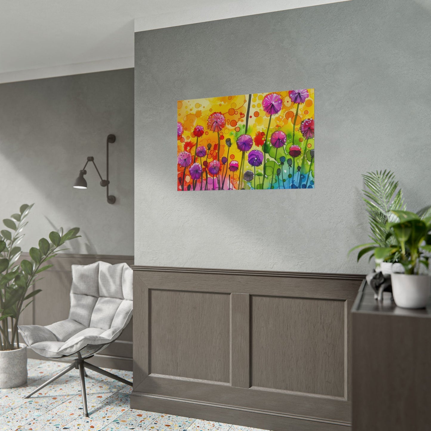 Colorful Floral Watercolor Poster — Rainbow Dandelion Garden Rolled Print