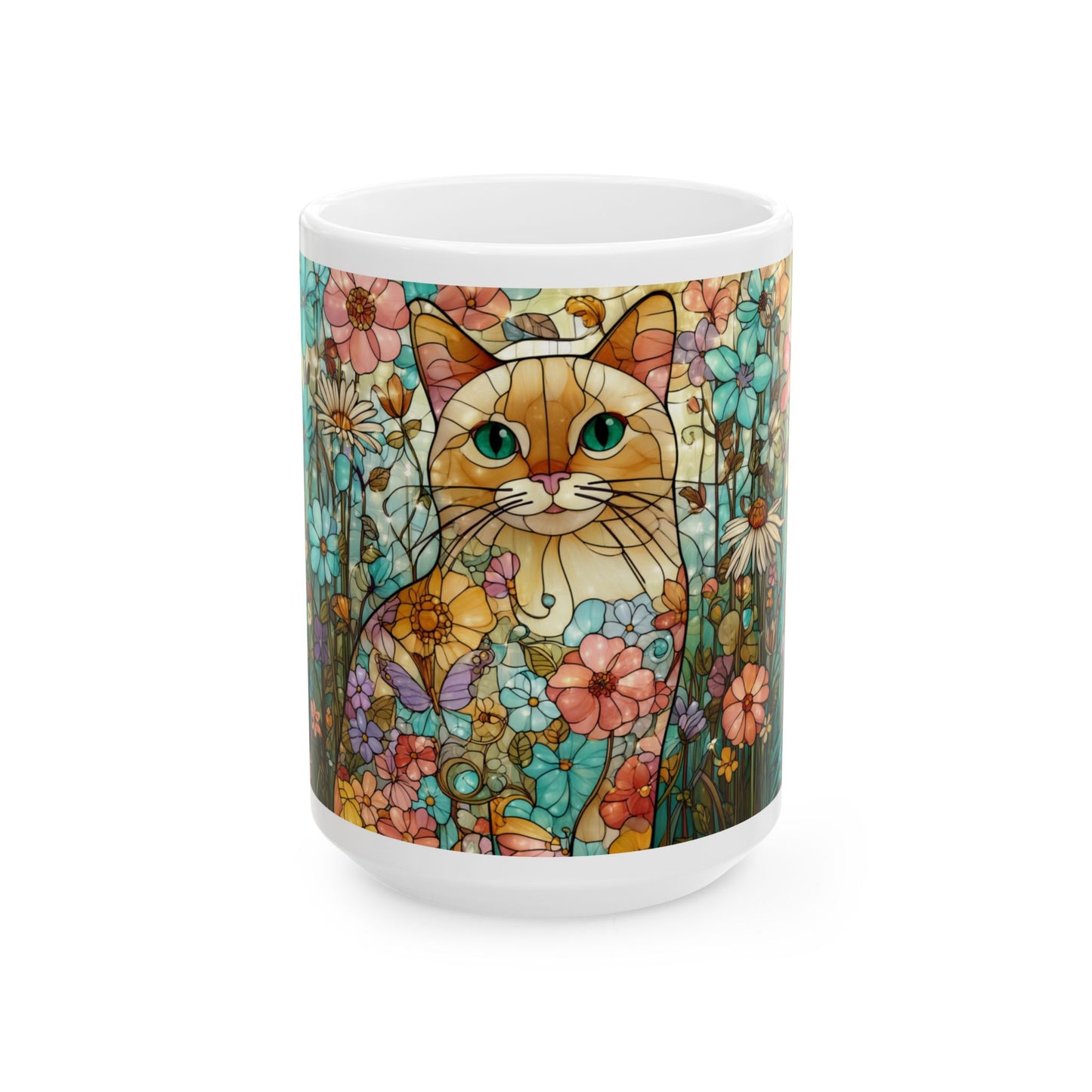 Floral Cat Ceramic Mug — Colorful Stained-Glass Style 11oz & 15oz