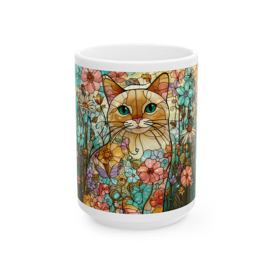 Floral Cat Ceramic Mug — Colorful Stained-Glass Style 11oz & 15oz