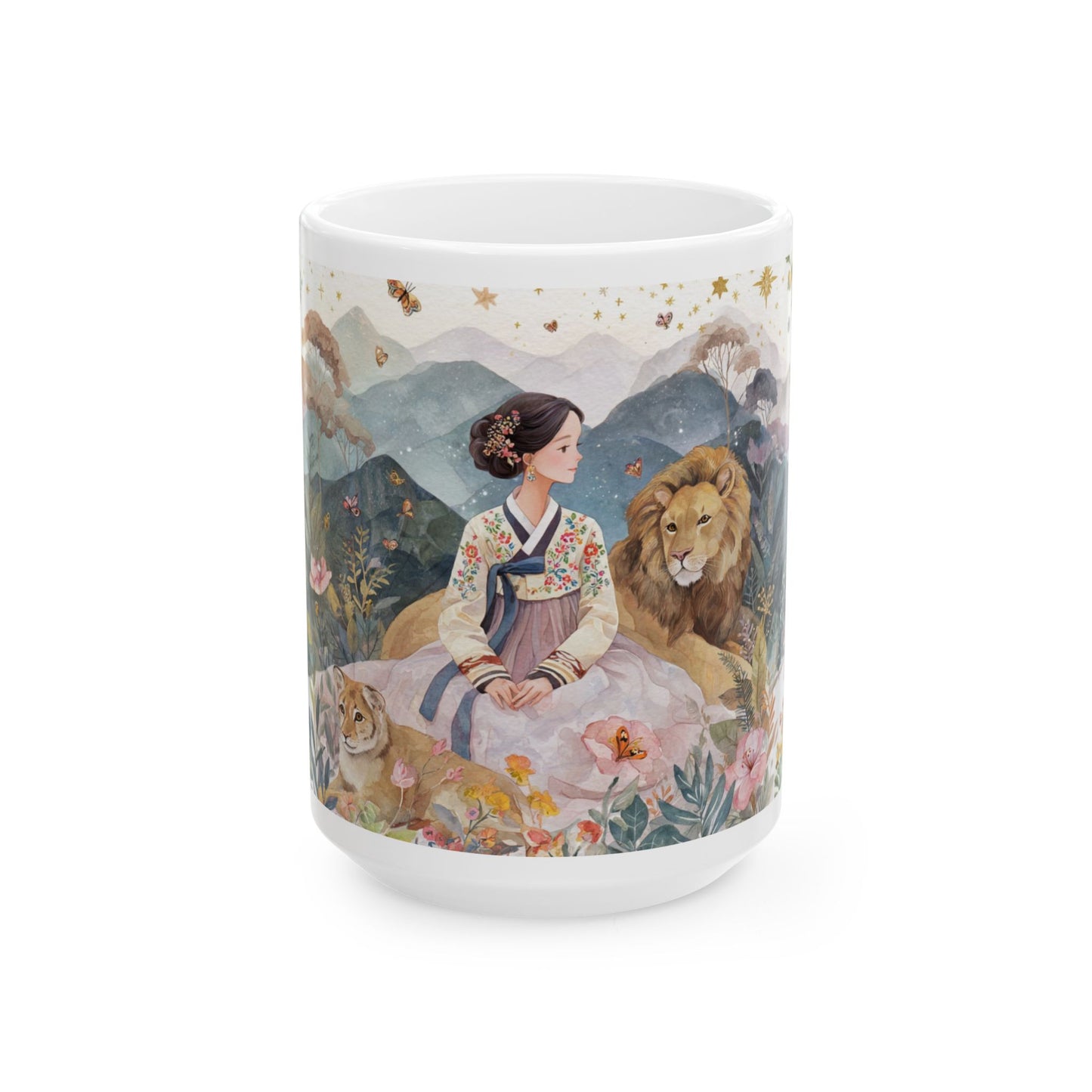 Korean Hanbok Lion Garden Ceramic Mug — Fantasy Floral 11oz/15oz