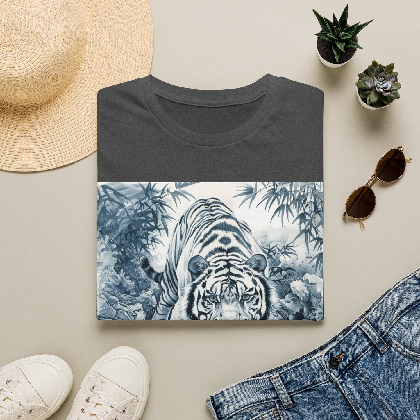 White T‑Shirt with Blue Watercolor Tiger Print — Gentle Jungle Graphic Tee