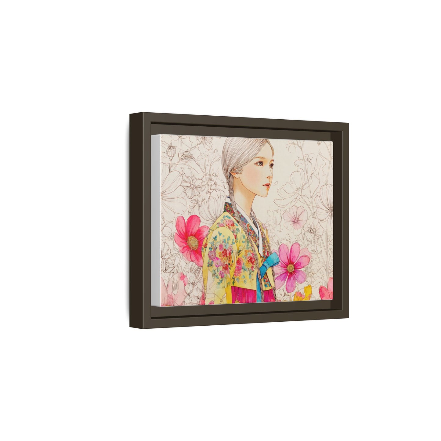 Framed Matte Canvas: Korean Hanbok Girl Floral Portrait