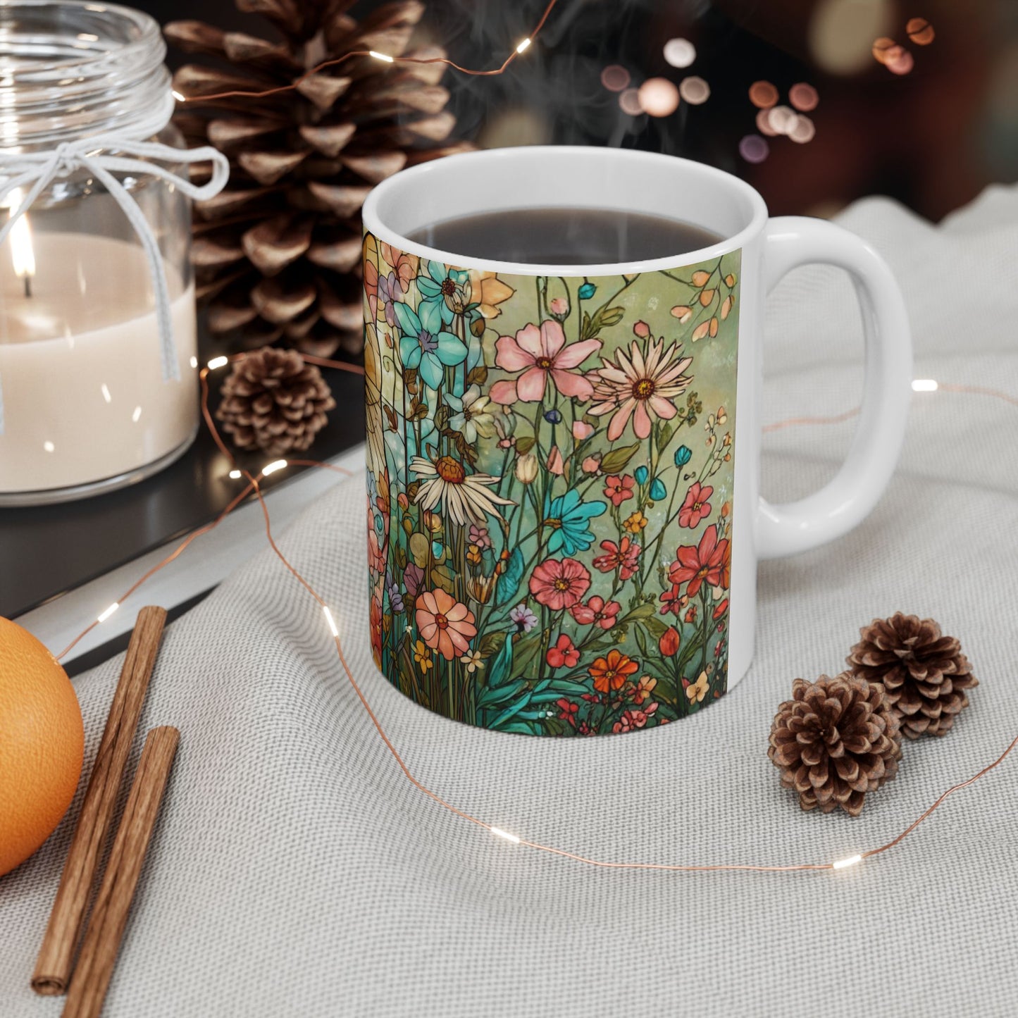Floral Cat Ceramic Mug — Colorful Stained-Glass Style 11oz & 15oz