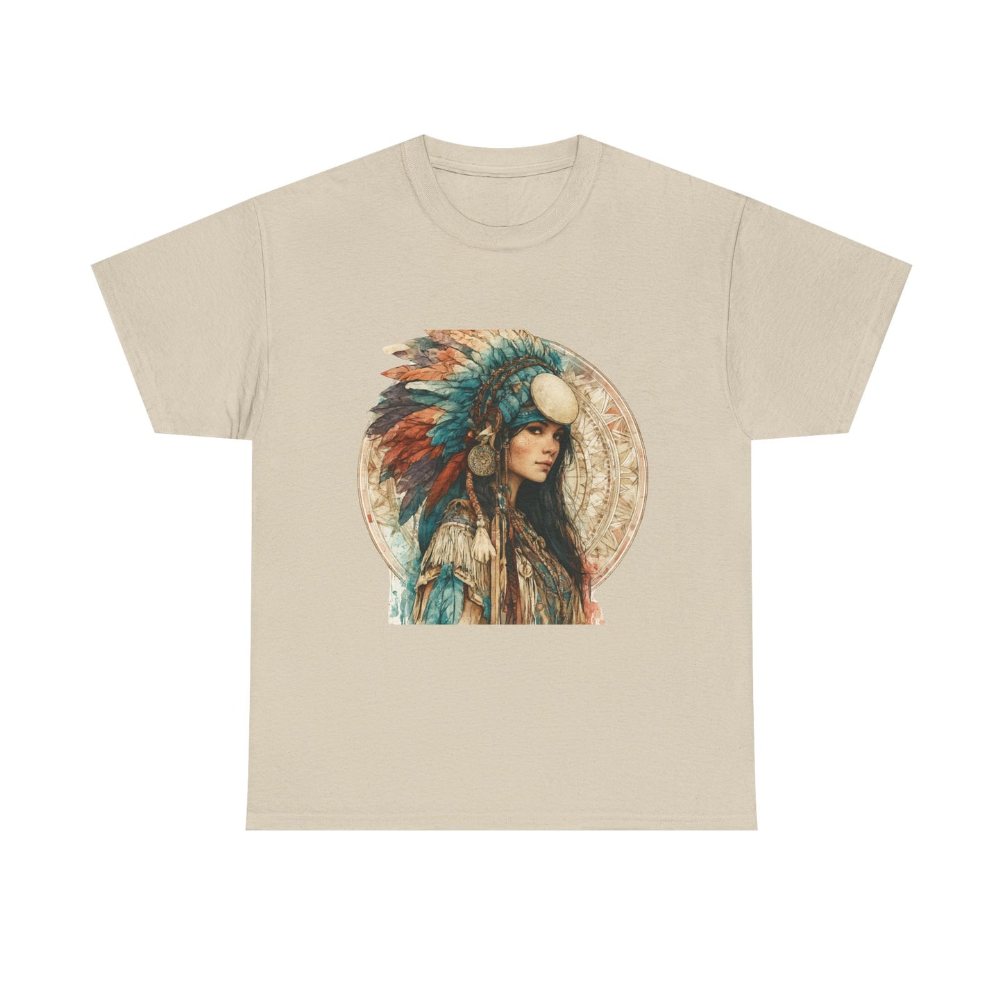 Native Headdress Portrait T‑Shirt — Boho Feather Art Tee