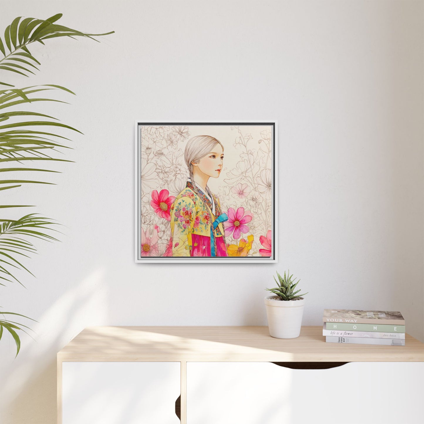 Framed Matte Canvas: Korean Hanbok Girl Floral Portrait
