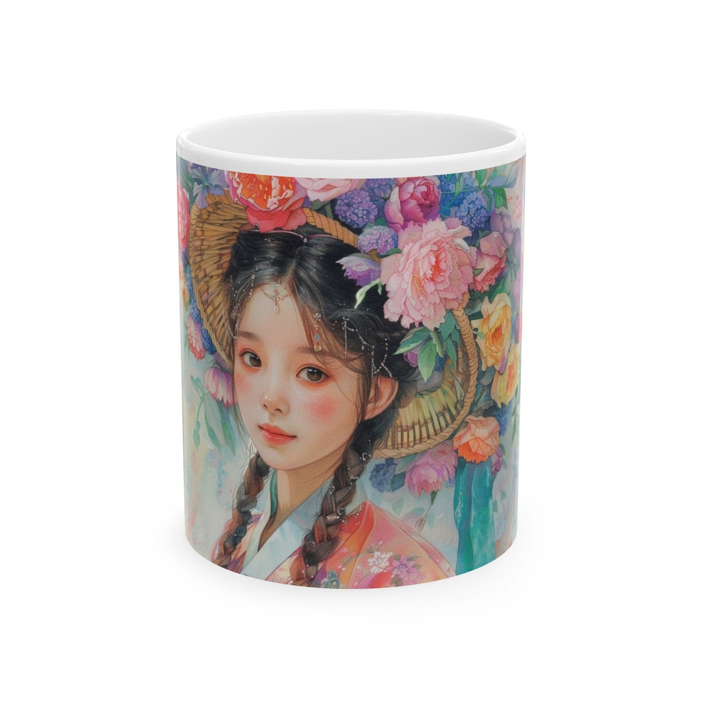 Floral Asian Portrait Ceramic Mug — Elegant Vintage-Inspired Tea Cup (11oz/15oz)