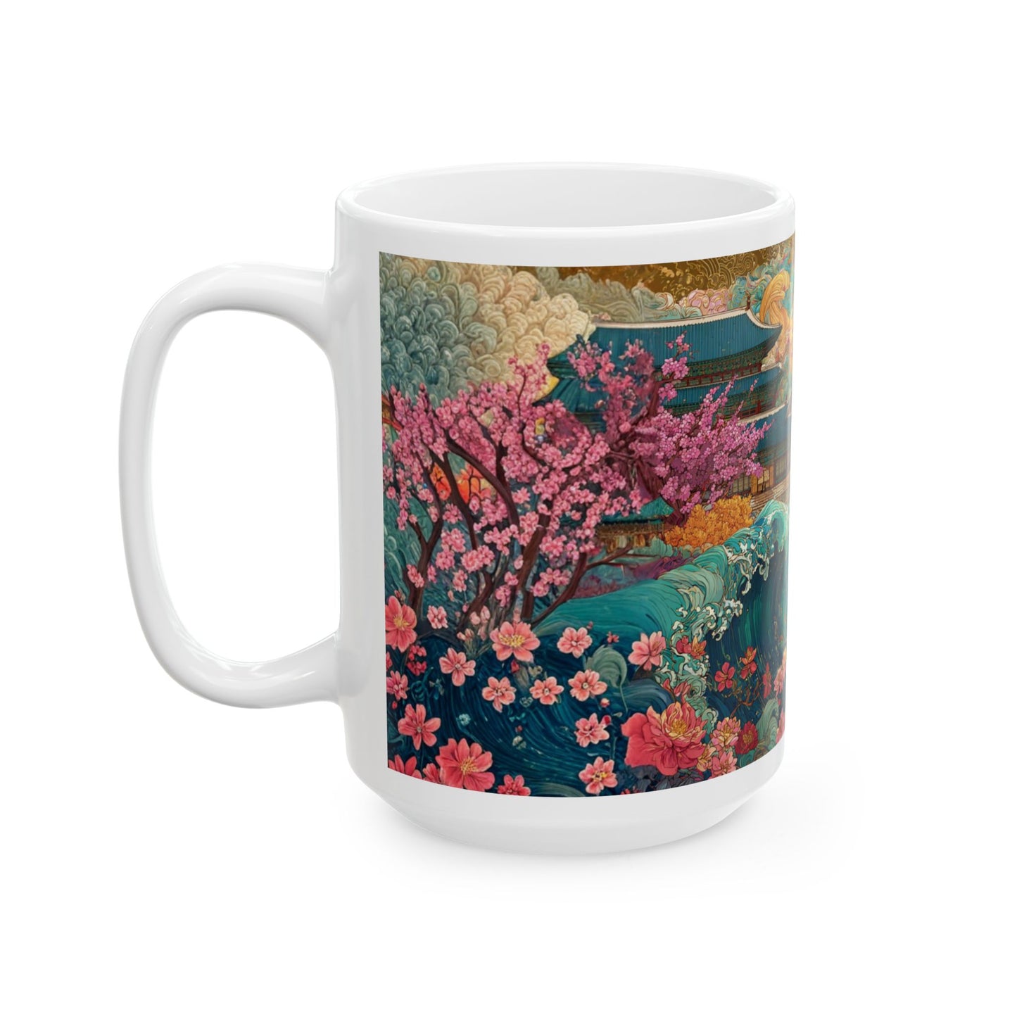 Japanese Garden Wave Ceramic Mug — Floral Pagoda Moonlight Design (11oz & 15oz)