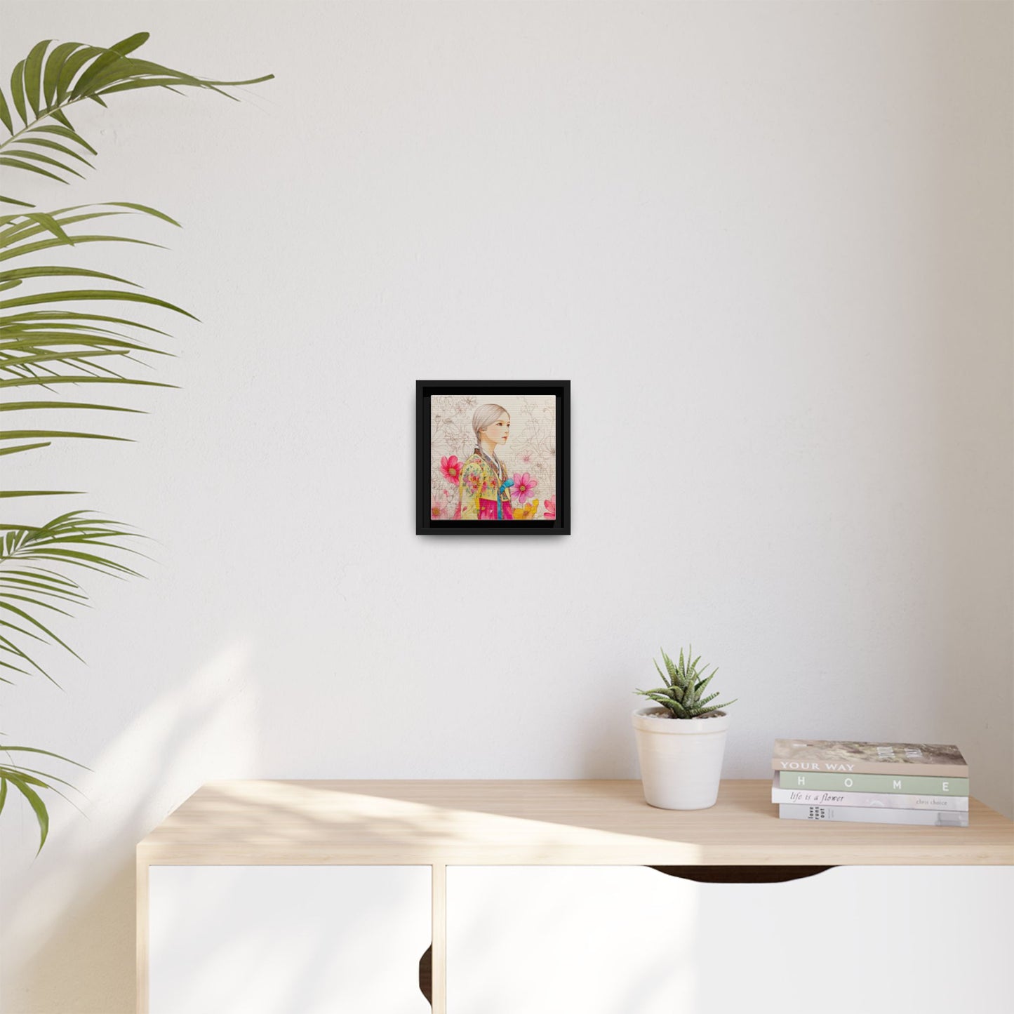 Framed Matte Canvas: Korean Hanbok Girl Floral Portrait