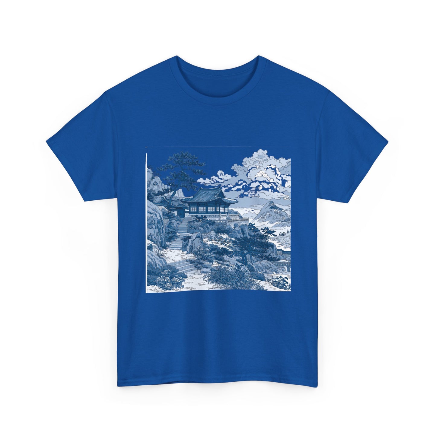 Blue Asian Landscape Tee — Vintage Temple Mountain Scenery T-Shirt