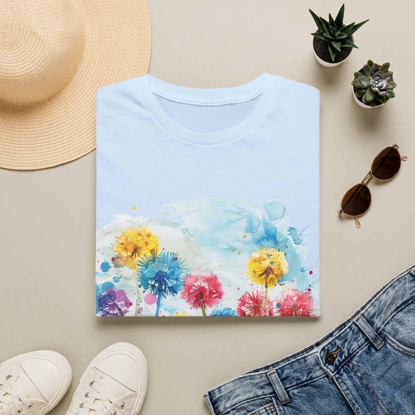 Watercolor Dandelion Field T-Shirt — Bright Floral Spring Tee