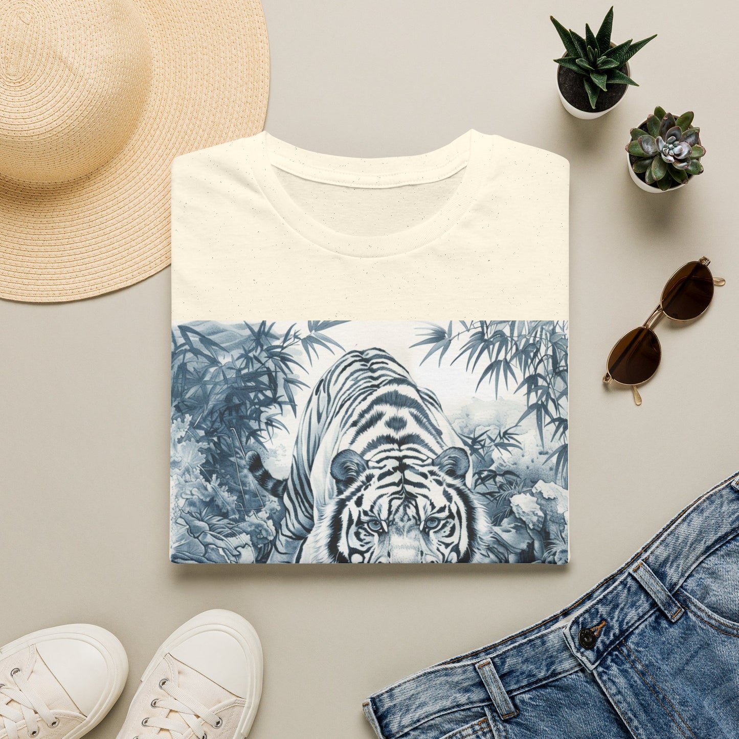 White T‑Shirt with Blue Watercolor Tiger Print — Gentle Jungle Graphic Tee