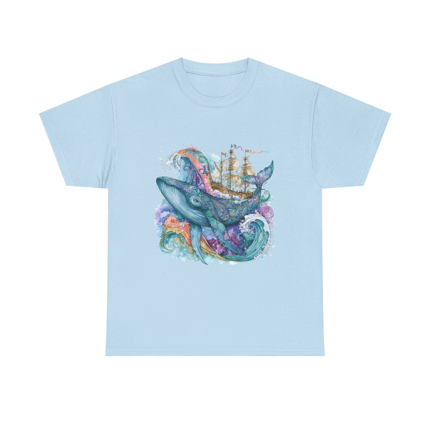 Whale & Ship Watercolor T‑Shirt — Nautical Ocean Art Tee