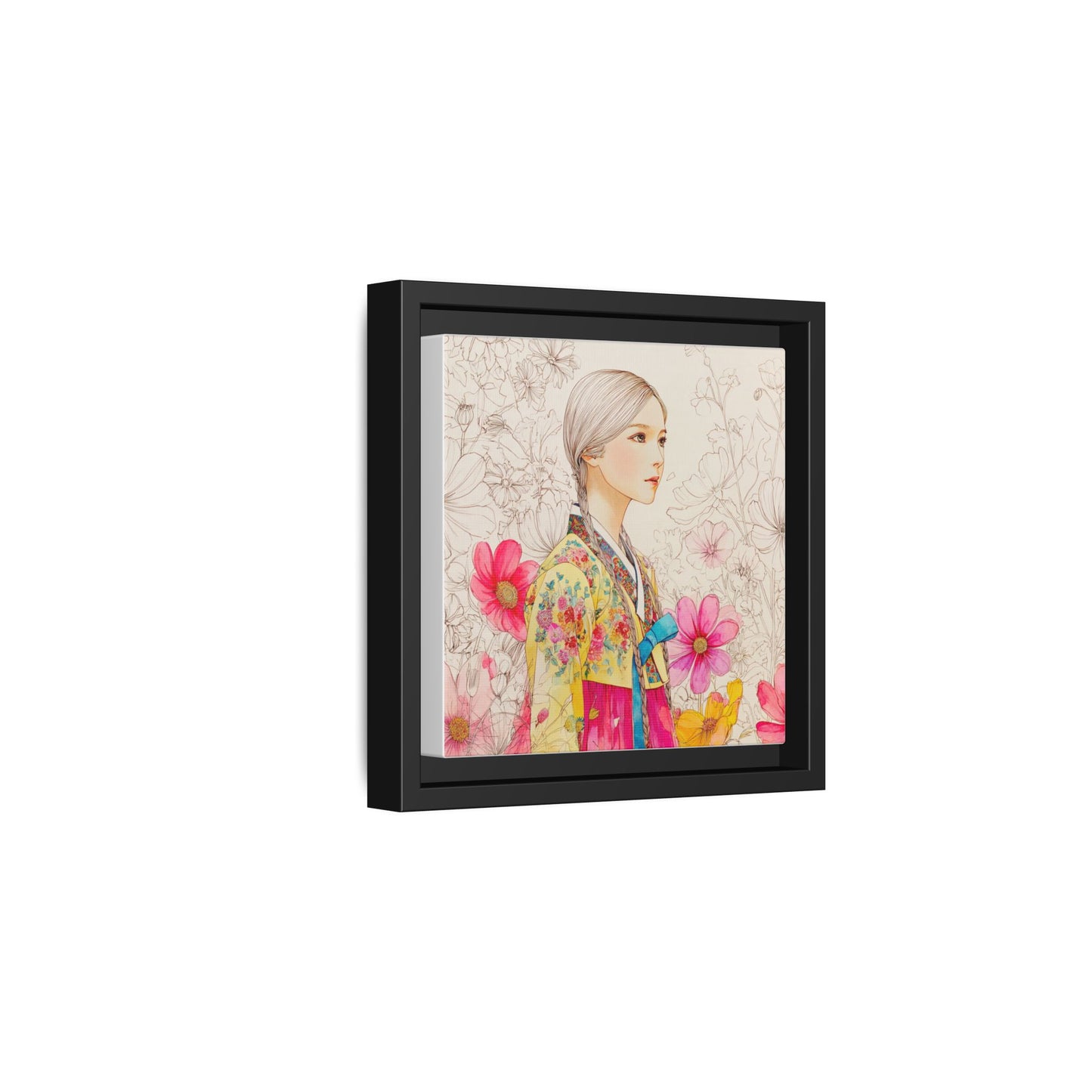 Framed Matte Canvas: Korean Hanbok Girl Floral Portrait
