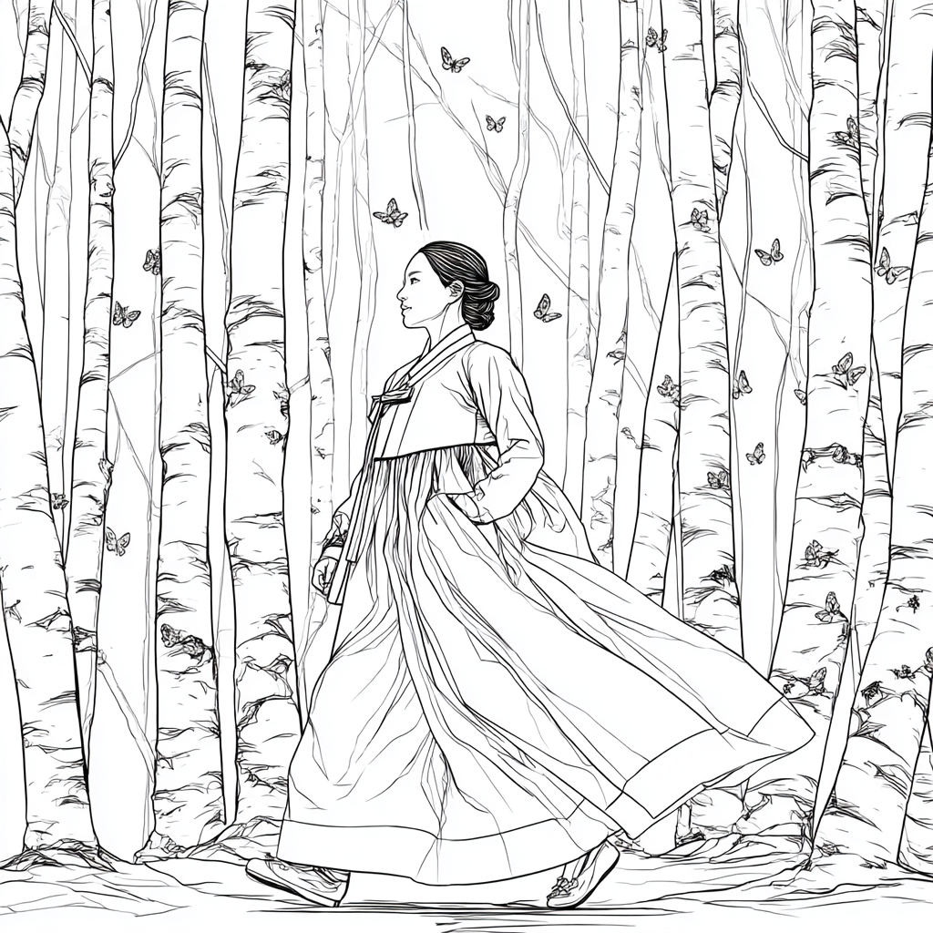 Serene Hanbok Walk Through a Birch Forest