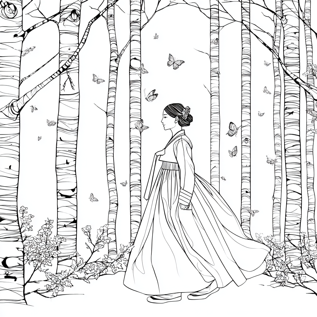 Serene Hanbok Walk Through a Birch Forest
