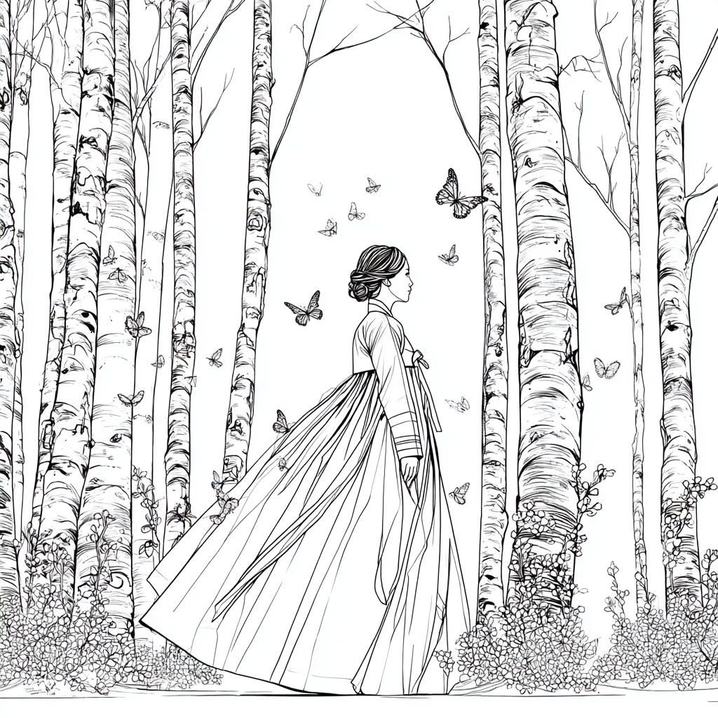 Serene Hanbok Walk Through a Birch Forest