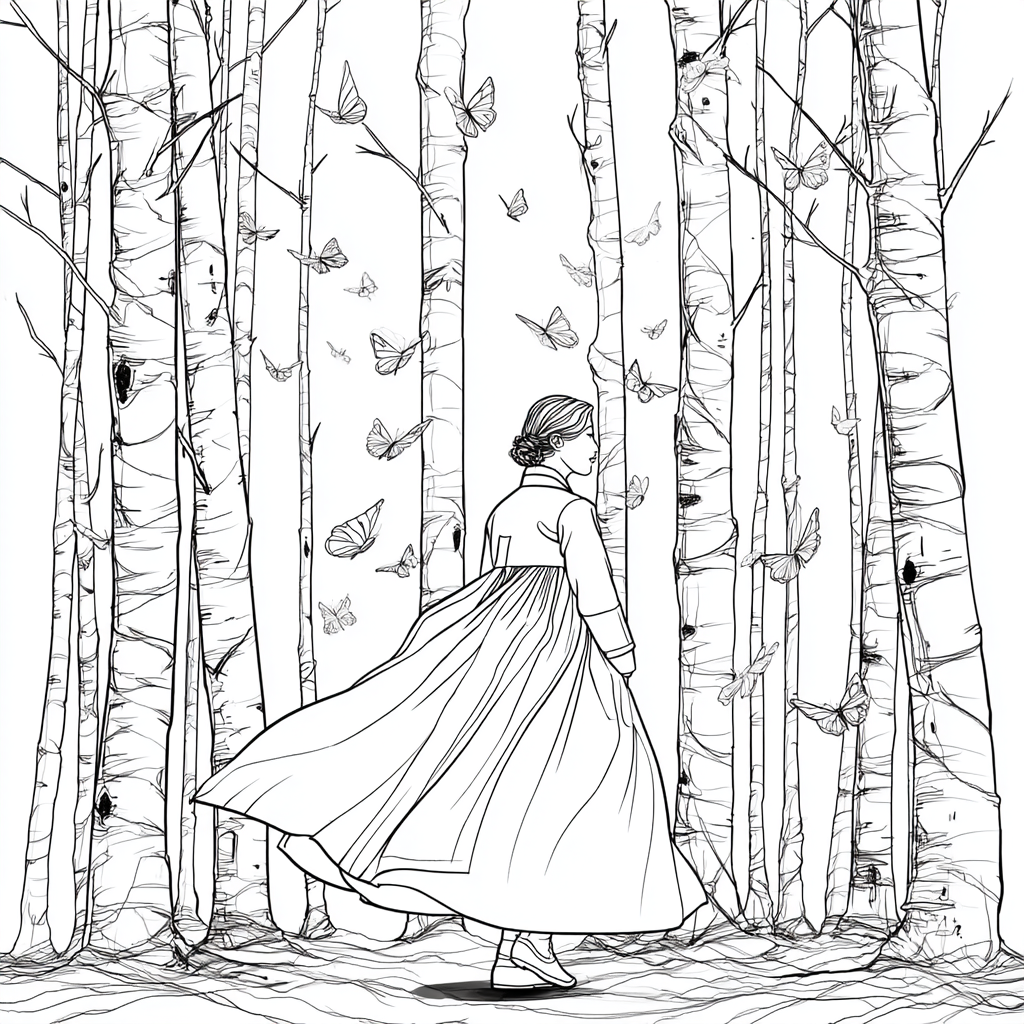 Serene Hanbok Walk Through a Birch Forest