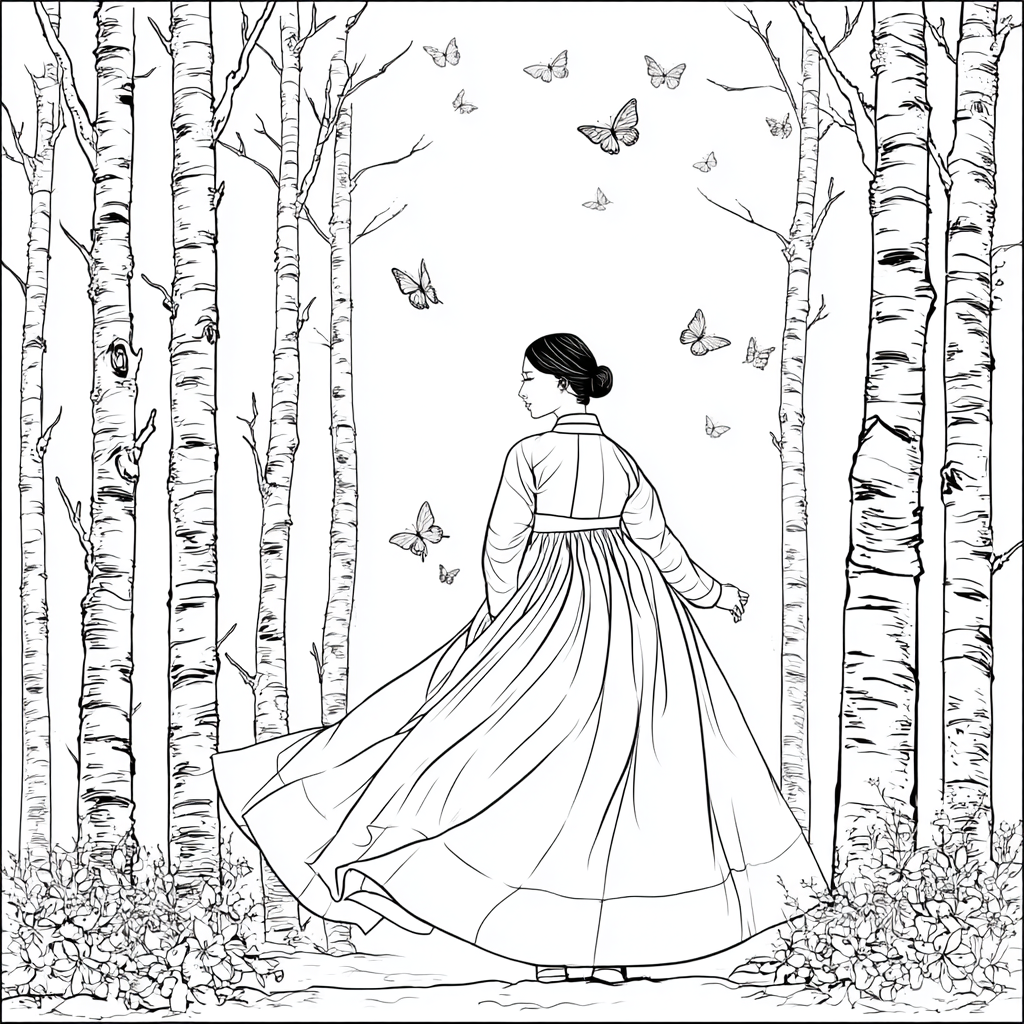 Serene Hanbok Walk Through a Birch Forest