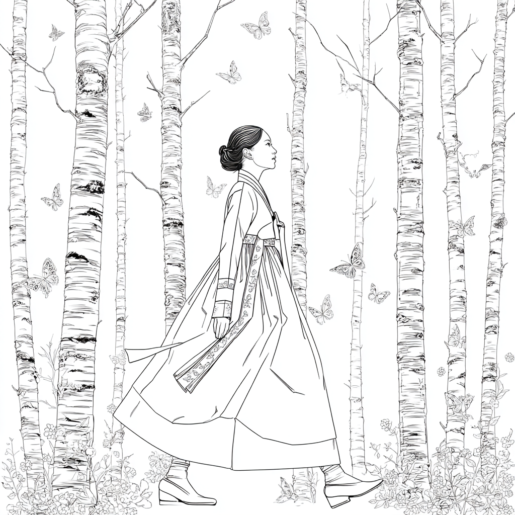 Serene Hanbok Walk Through a Birch Forest