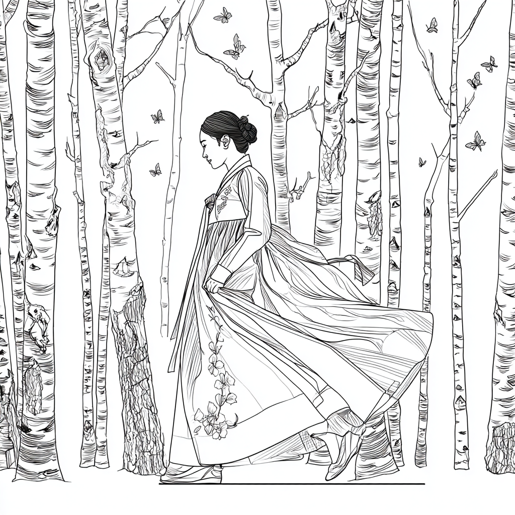 Serene Hanbok Walk Through a Birch Forest