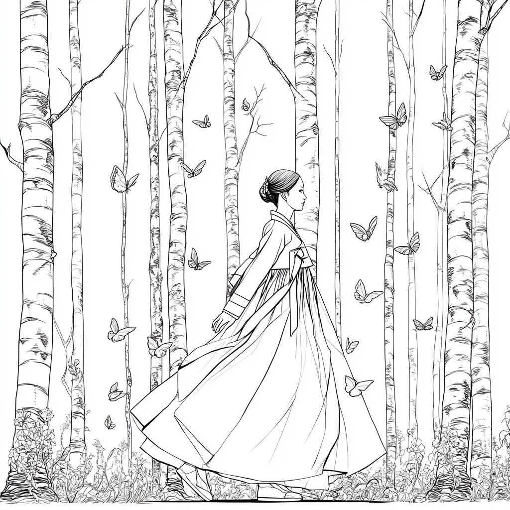 Serene Hanbok Walk Through a Birch Forest