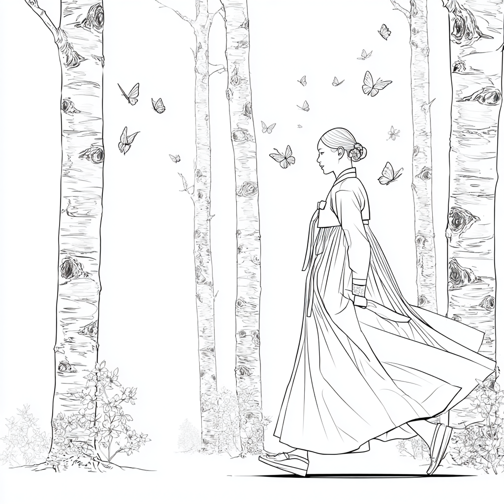Serene Hanbok Walk Through a Birch Forest