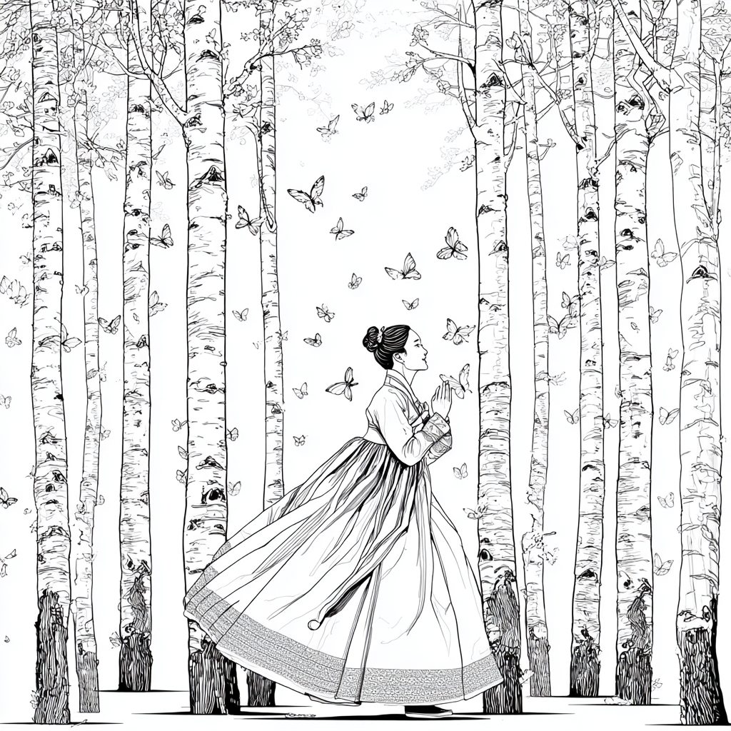Serene Hanbok Walk Through a Birch Forest