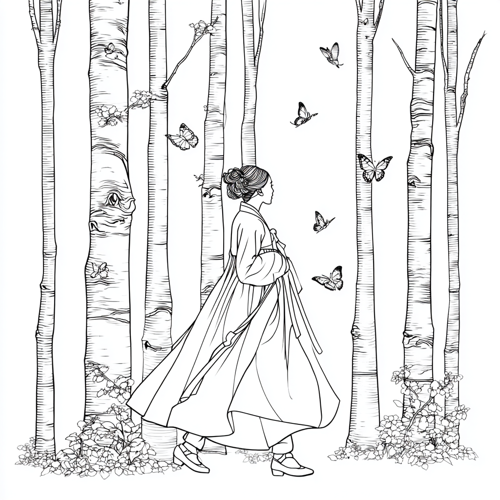 Serene Hanbok Walk Through a Birch Forest