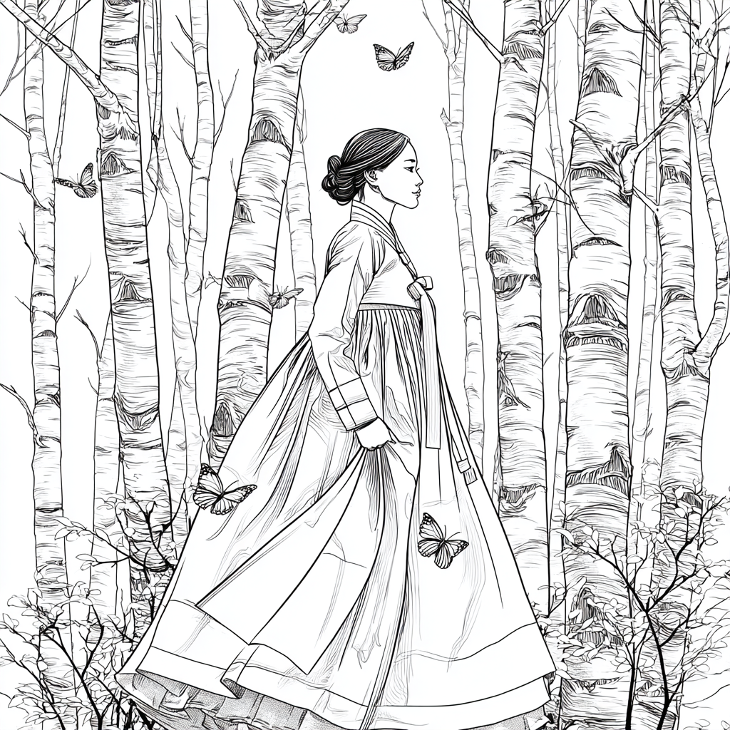 Serene Hanbok Walk Through a Birch Forest