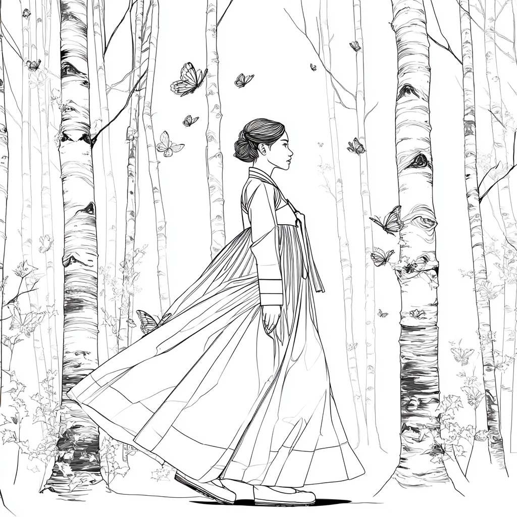 Serene Hanbok Walk Through a Birch Forest