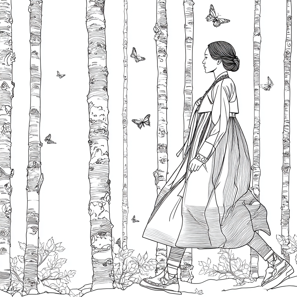 Serene Hanbok Walk Through a Birch Forest