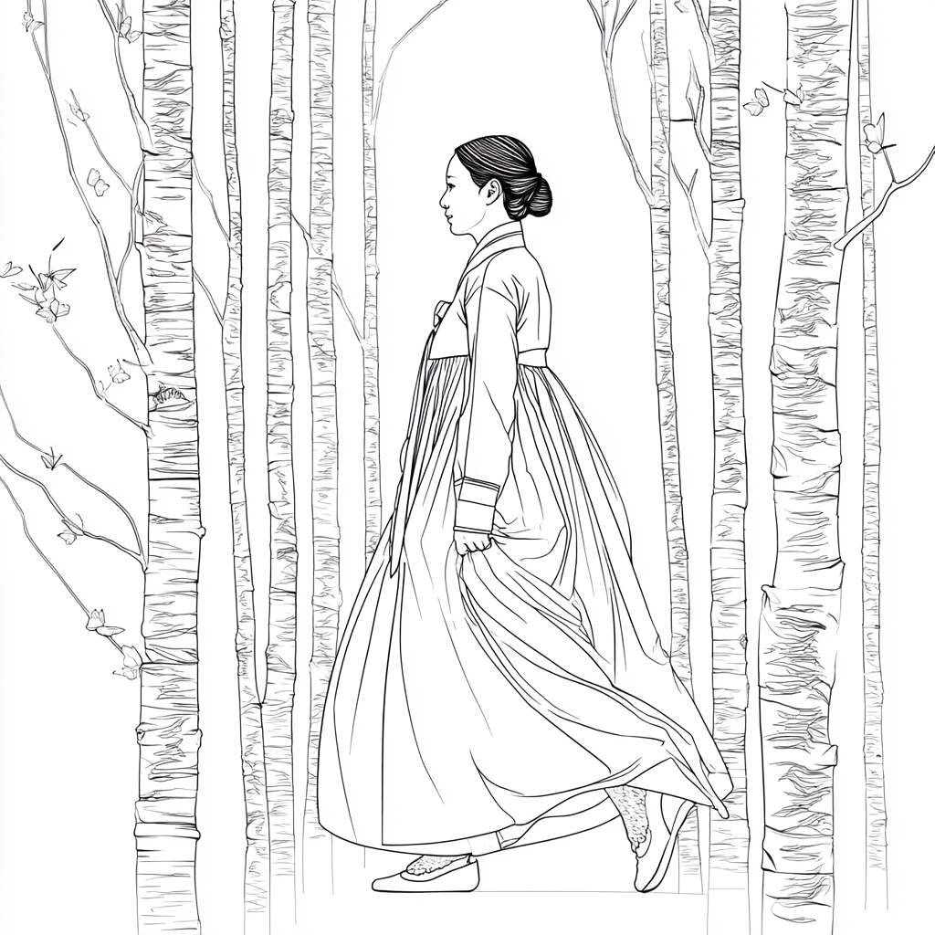 Serene Hanbok Walk Through a Birch Forest