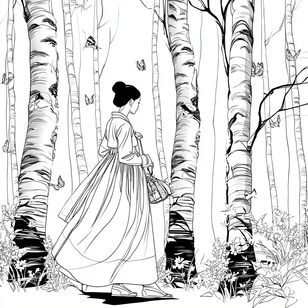 Serene Hanbok Walk Through a Birch Forest