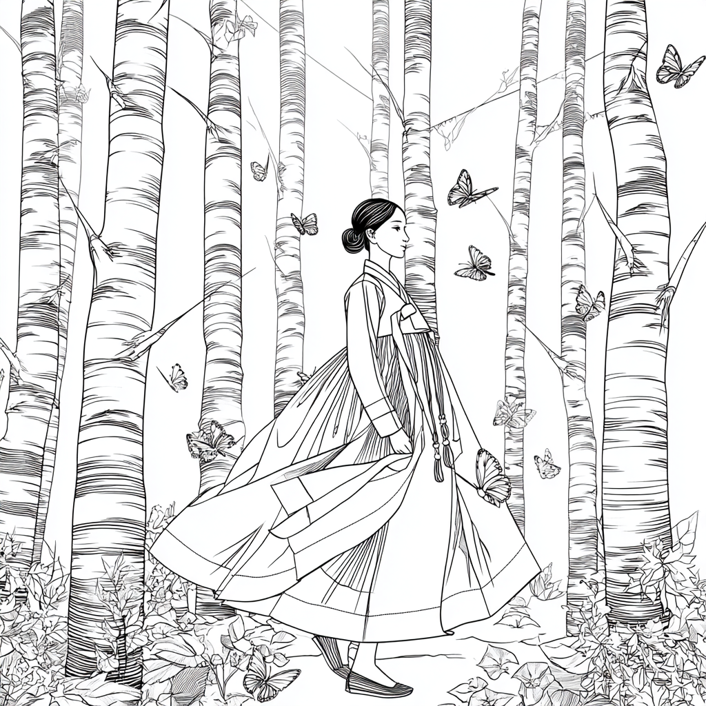 Serene Hanbok Walk Through a Birch Forest