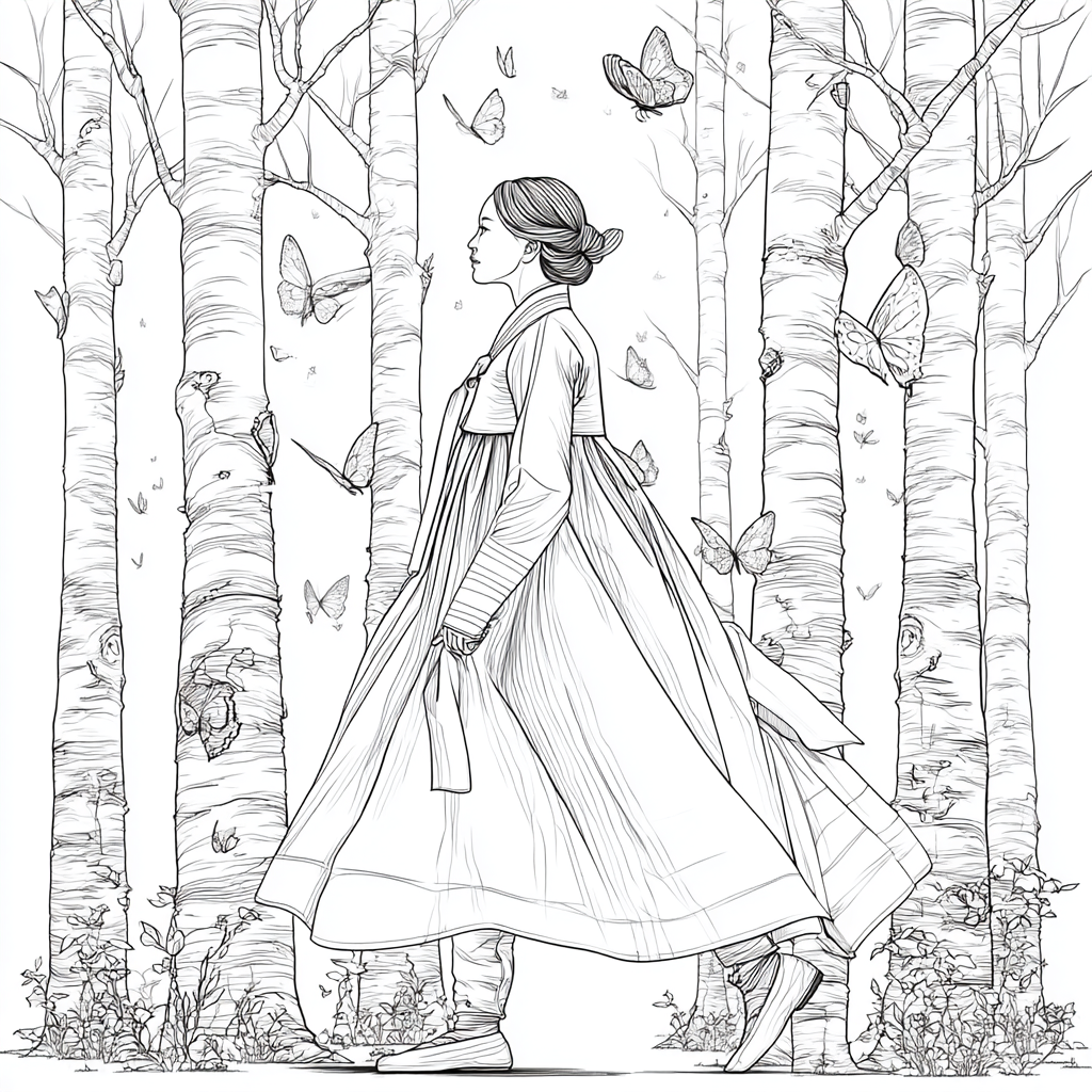 Serene Hanbok Walk Through a Birch Forest
