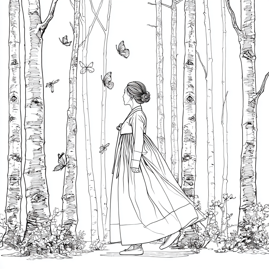 Serene Hanbok Walk Through a Birch Forest
